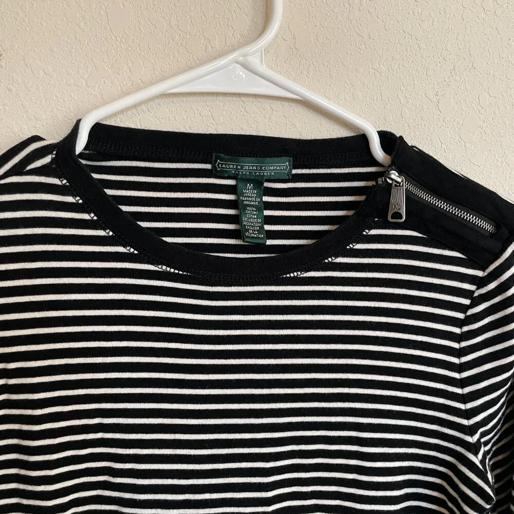 Ralph Lauren Medium Black White Striped Ribbed Long Sleeve Top 100% Cotton - Picture 3 of 8